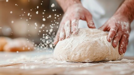 Obraz premium Close-up of hands kneading dough on a flour-covered surface, emphasizing the tactile process of bread making and the artistry involved in baking homemade bread.