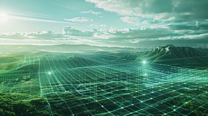 futuristic visualization of financial compliance, with a digital grid locking into place over a corporate landscape, symbolizing regulation and control