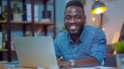 Positive african american man staying late at workplace image. Black male workaholic with laptop photography scene wallpaper. Career in commercial company concept photorealistic photo