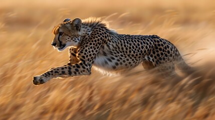 Powerful Cheetah Sprinting Across Savanna Landscape With Intense Focus