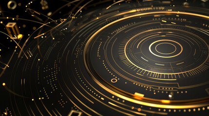 abstract counter clockwise dial plate, in black and gold, glowing lines pattern, technology and business background
