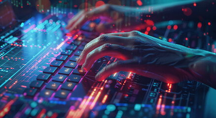 Close-up of Hands Typing on Keyboard with Digital Stock Market Display Showing Vibrant Charts and Data, Illustrating Financial Technology and Trading