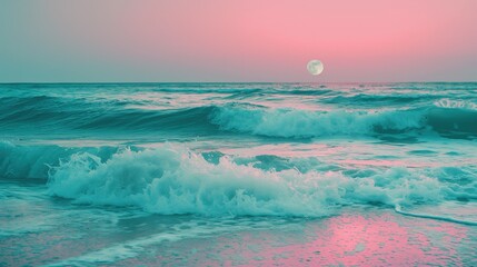 Pink and Turquoise Waves under Moon.