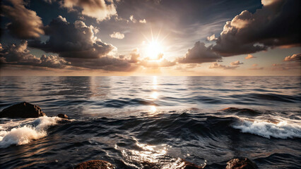 Naklejka premium Sunset over the sea with waves on the orange sky