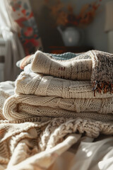 A pile of sweaters sitting on top of a bed