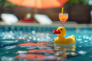 Inflatable yellow mini duck, cocktail stand near swimming pool on bright sunny day, copy space.