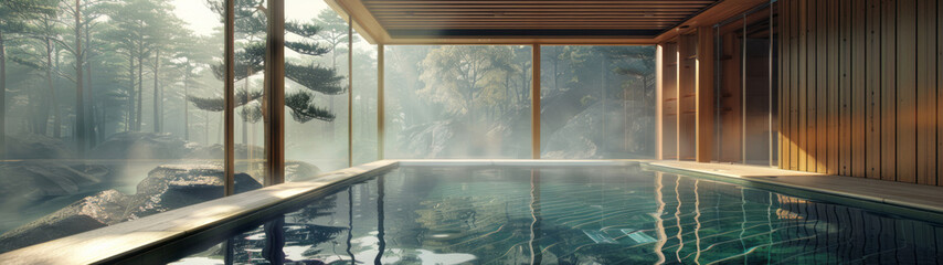 A pool in an onsen on a mountainside showcases sustainable architecture