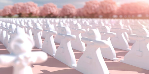 Obraz premium The Silent Graveyard of Dreams: Endless rows of white crosses, marking the dead from the conflict