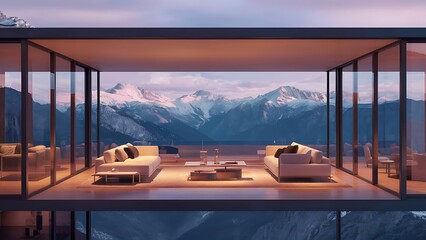 Fototapeta premium Modern living room with mountain view 3d rendering image.