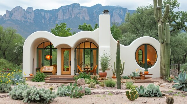 Small home built, adobe brick, organic shape, single level with arched doorways, natural cooling and heating, rustic interior with handmade furniture, desert