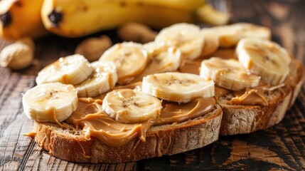 peanut butter and banana slices on bread, placed on a wooden table and looking delicious