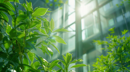 Obraz premium Green plants flourish outside a sunlit building, symbolizing futuristic cityscapes, environmental awareness, and innovation.