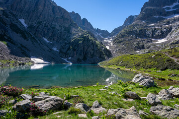 Paysage de montagne de la vall&eacute;e de la Gordolasque dans le Parc National du Mercantour autour du lac Autier dans le d&eacute;partement des Alpes-Maritimes en france en &eacute;t&eacute;