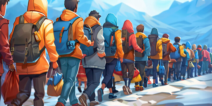 The Weary Refugees' Journey: A line of people carrying their belongings, seeking safety in unfamiliar lands.