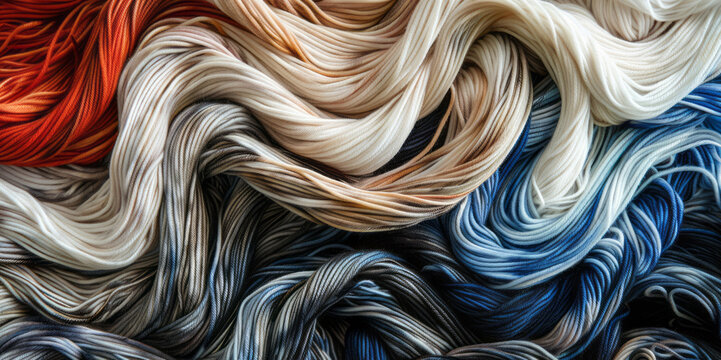 A close-up view reveals colorful striped yarn, showcasing tonalist genius, ink-washed textures, and raw metallicity.