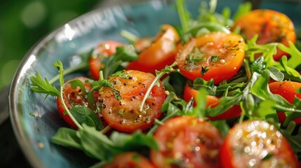 A close-up shot of a fresh salad with tomatoes and arugula. This image can be used for websites, blogs, or social media posts about healthy eating, cooking, or food photography.