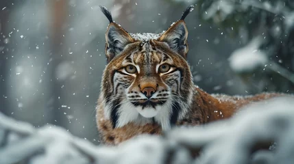 Papier peint photo  Mysterious Lynx Blending into Snowy Forest Environment Piercing Gaze  © Thares2020
