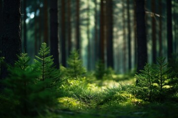 Obraz premium Deep pine forest background vegetation rainforest outdoors.