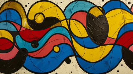 Obraz premium A colorful abstract wavy pattern exhibits playful cartooning, organic and fluid movements, bold primary colors, and graphic black outlines.