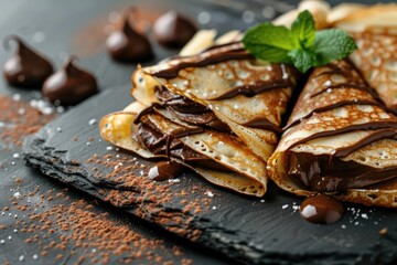Stack of chocolate crepes on slate. Perfect image for a food blog, cookbook, or advertising campaign for a restaurant serving delicious crepes.