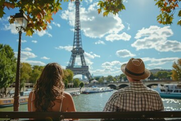 Seen from behind two tourists sitting on bench in Paris, France sightseeing. ai generated