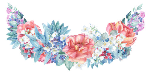 watercolor orange roses border, PNG, transparent backdrop, peach color bouquet with eucalyptus