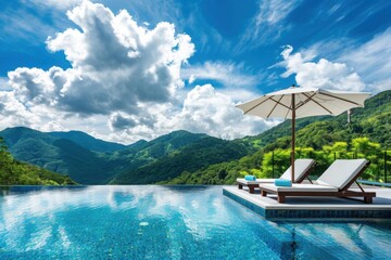 Fototapeta premium Swimming pool with sun loungers and mountains view.