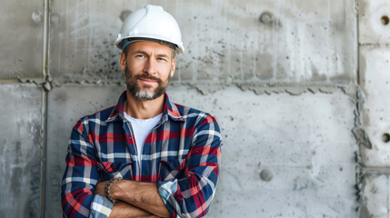 A man wearing a hard hat and a plaid shirt is standing in front of a wall