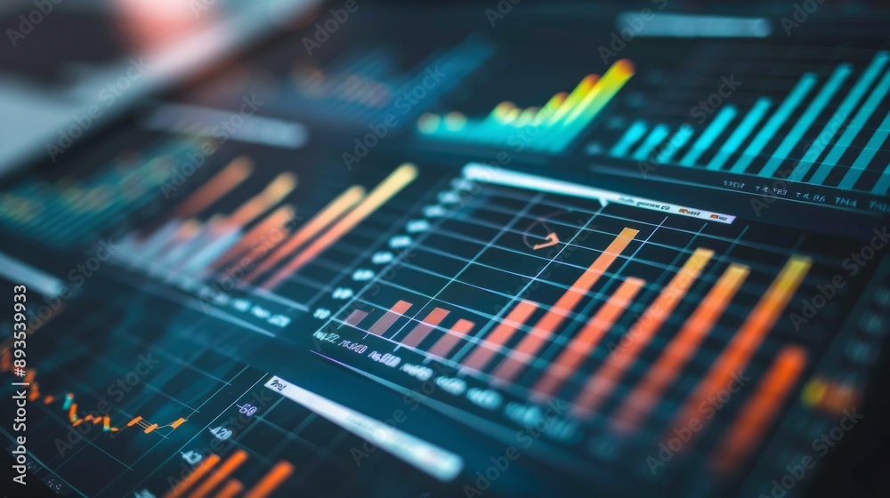 Poster a close-up of a financial report with multiple graphs and charts, showing data analysis.