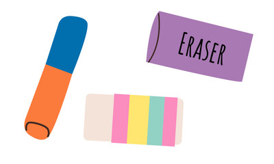 Set of erasers of different color and shape isolated on white background. Vector flat illustration for school or office tool and accessories .