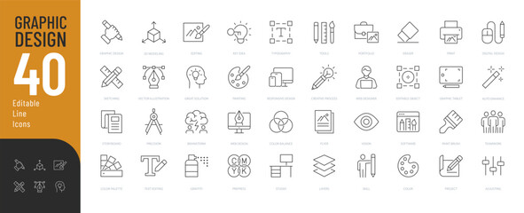 Graphic Design Line Editable Icons set. Vector illustration in modern thin line style of computer graphics related icons: tools, creativity, development stages, and more. Pictograms and infographics