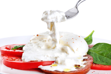 Burrata cheese with tomatoes and basil, on a plate on a white background. Fork with burrata cheese.