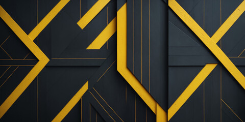 Geometric Abstract Art with Yellow Lines on Black Wall