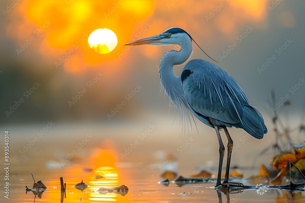 Wall mural Elegant Heron Standing in Misty Marsh at Sunrise  Capturing the Beauty of Wildlife and Natural Scenery