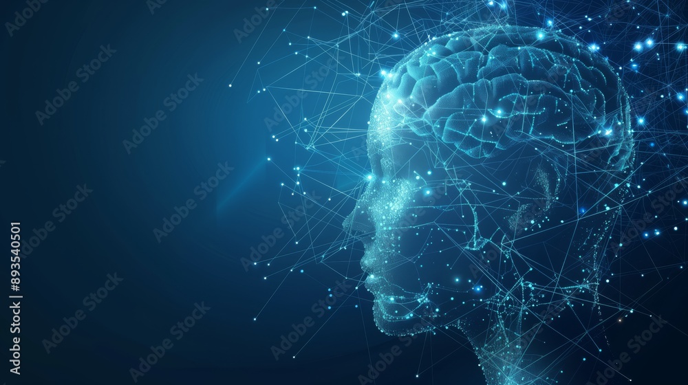 Poster The cybernetic representation of an AI head emulating a human being symbolizes stateoftheart technology and communication through digital networks, offering futuristic possibilities