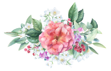 watercolor orange roses border, PNG, transparent backdrop, peach color bouquet with eucalyptus