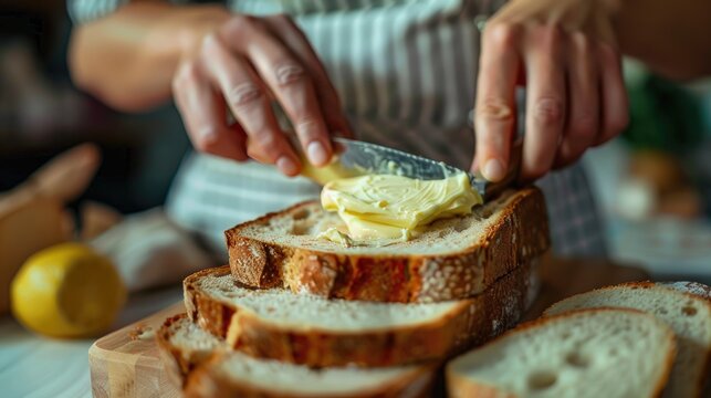 A hand spreading butter on toast with a knife. This image can be used to represent the concept of a delicious and simple breakfast.
