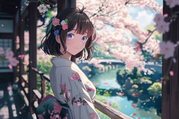 Fototapeta premium an elegant anime girl with short brown hair, wearing a white silk kimono adorned with subtle pink cherry blossom patterns. stands on a traditional Japanese veranda, with the backdrop of a zen garden.