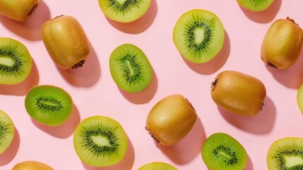 Fototapeta premium Vibrant arrangement of sliced and whole kiwis on a pink background, showcasing the unique textures and colors of the fruit.