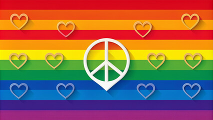Vibrant rainbow-colored background with a gay pride flag, heart symbols, and peace signs, perfect for LGBTQIA community celebrations, parades, and festival posters.