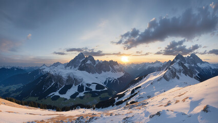 Obraz premium snow-capped mountain range at sunset, with clouds in the sky.