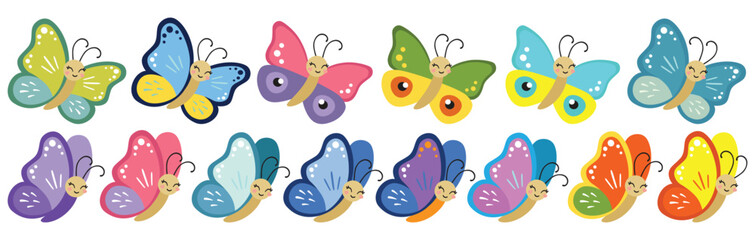 Set of smiling multicolor butterfly clipart. Vector illustration of butterfly cartoon collection on white background. Flying butterfly isolated. Baby shower design elements. Party invitation, birthday