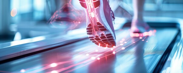 Athlete running on a treadmill with biomechanical sensors attached, biomechanics,