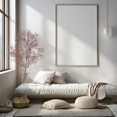 Aesthetic minimalist room interior design. Mockup picture frames. Mock up poster on the walls. Copy space. Clean scandi apartment for decoration. Neutral colors. Modern style.