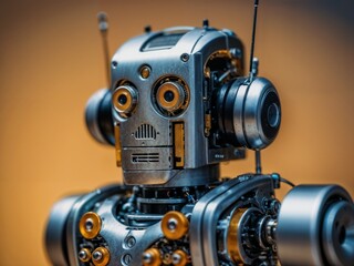 The picture is of a metal humanoid robot with eyes, a camera, and complex internal parts. The robot comes in silver and gold colors. and has a simple brown background.