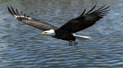 Fototapeta premium A bald eagle, with a white head and tail, flies over a body of water, carrying a fish in its beak. The eagle's wings are spread wide, and it appears to be in mid-flight