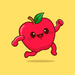 Cute funny running apple fruit. Vector hand drawn cartoon kawaii character illustration
