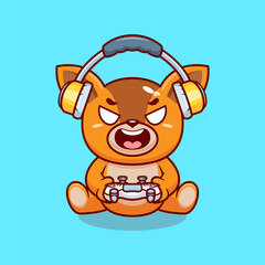 Naklejka premium Cute baby deer gaming cartoon vector icon illustration. Animal technology icon concept isolated