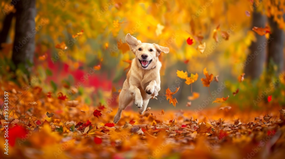 Poster a dog jumping joyfully through a field of colorful autumn leaves during a brisk fall day.