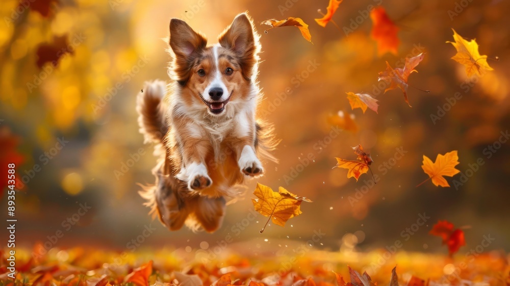 Poster a dog jumping joyfully through a field of colorful autumn leaves during a brisk fall day.